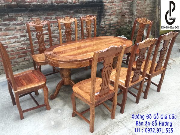 Bộ bàn ghế ăn bầu dục gỗ Hương Vân 8 ghế