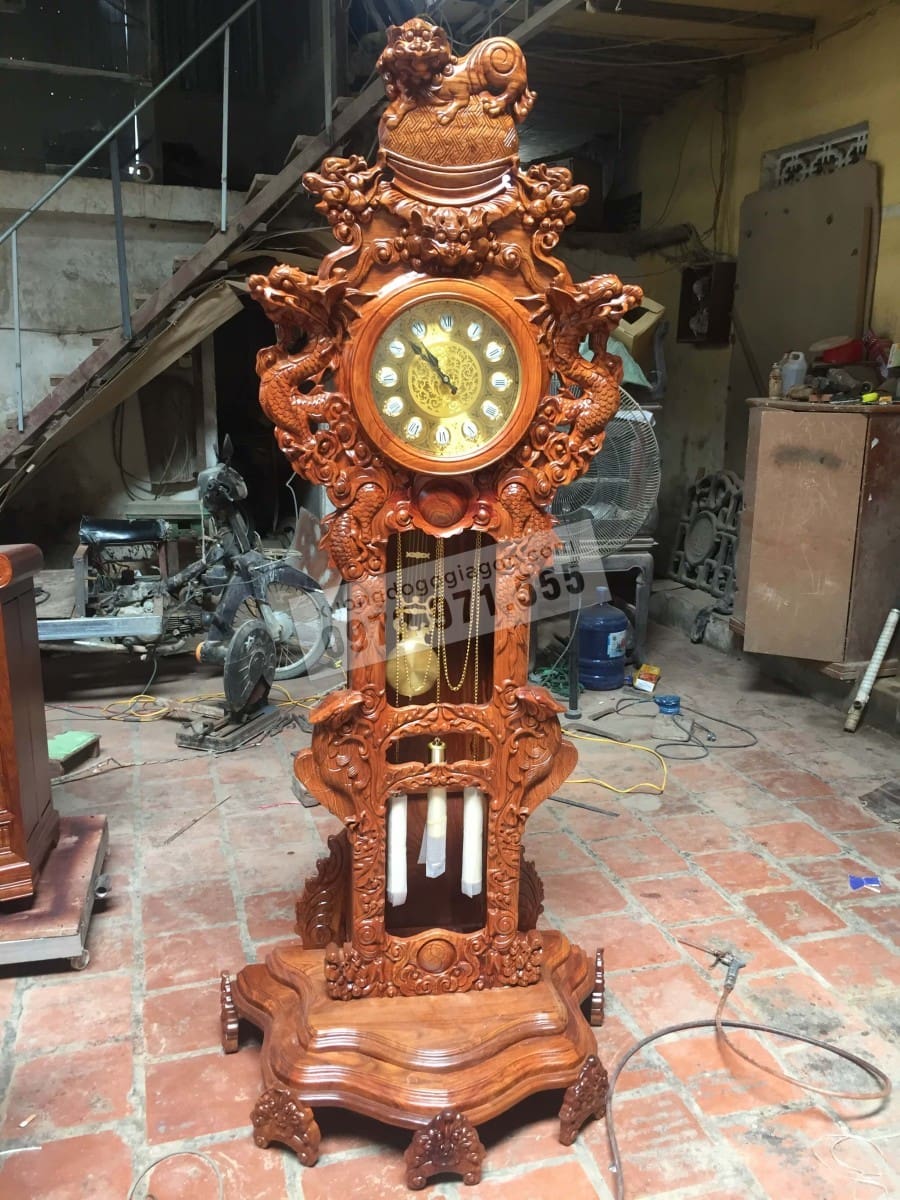 Đồng hồ cây mẫu Nghê đỉnh gỗ Hương Vân