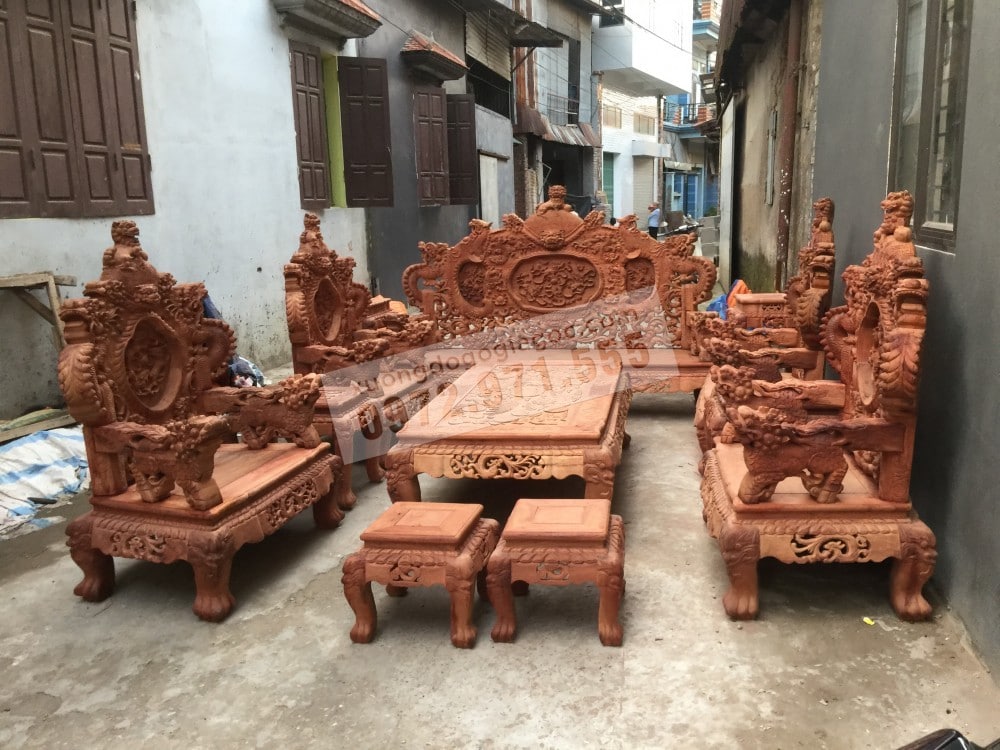 Bộ bàn ghế Rồng Đỉnh Gỗ Hương Đỏ Lào tay 12 - Xưởng Đồ Gỗ Giá Gốc