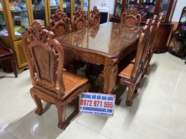 Bộ bàn ghế ăn gỗ hương đá 8 ghế đục hoa hồng bởi nghệ nhân