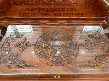 Mặt bàn ván liền tấm nguyên khối đục hoa lá tây