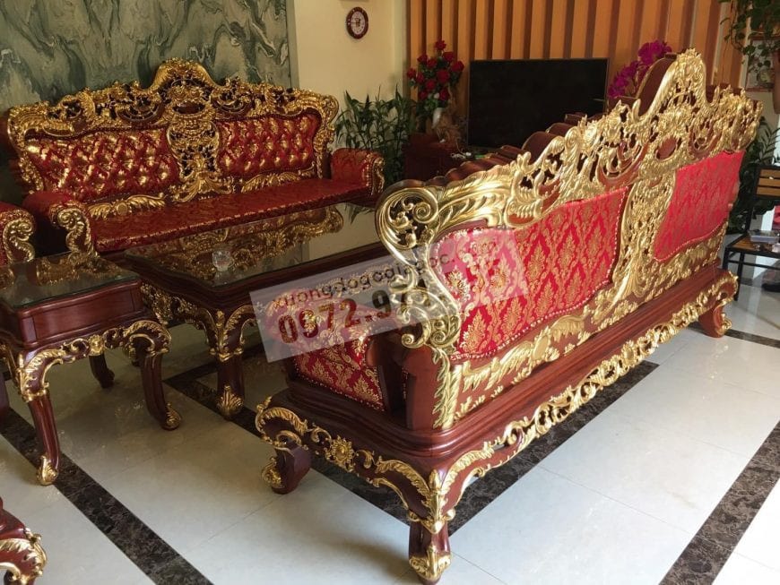 2 ghế dài bộ hoàng gia dát vàng bọc đệm