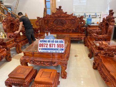 Bộ bàn ghế rồng đỉnh tay 14 gỗ hương hàng đục thủ công 100%