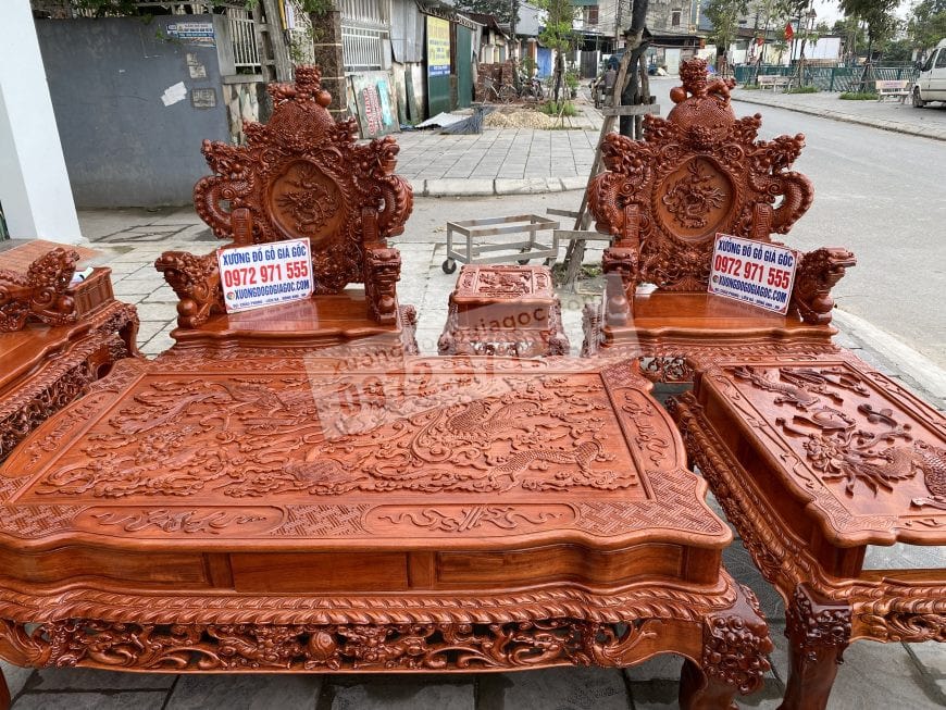 Bộ đôi ghế đơn và đôn kẹp ghế bộ rồng đỉnh tay 14