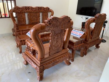 Bàn ghế minh voi chiến quốc cột 14 chân 14 gỗ hương đá đục thủ công